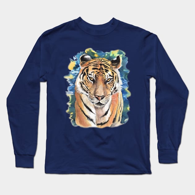 Tiger Watercolor with Background Long Sleeve T-Shirt by justarts